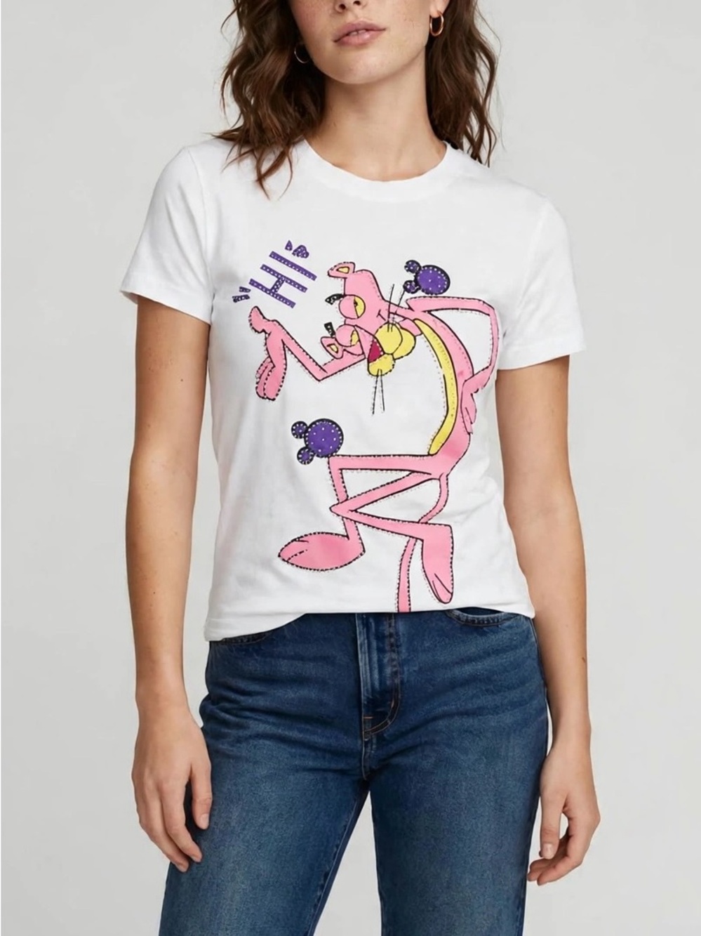 White Short-Sleeve Tee with Pink Panther Graphic